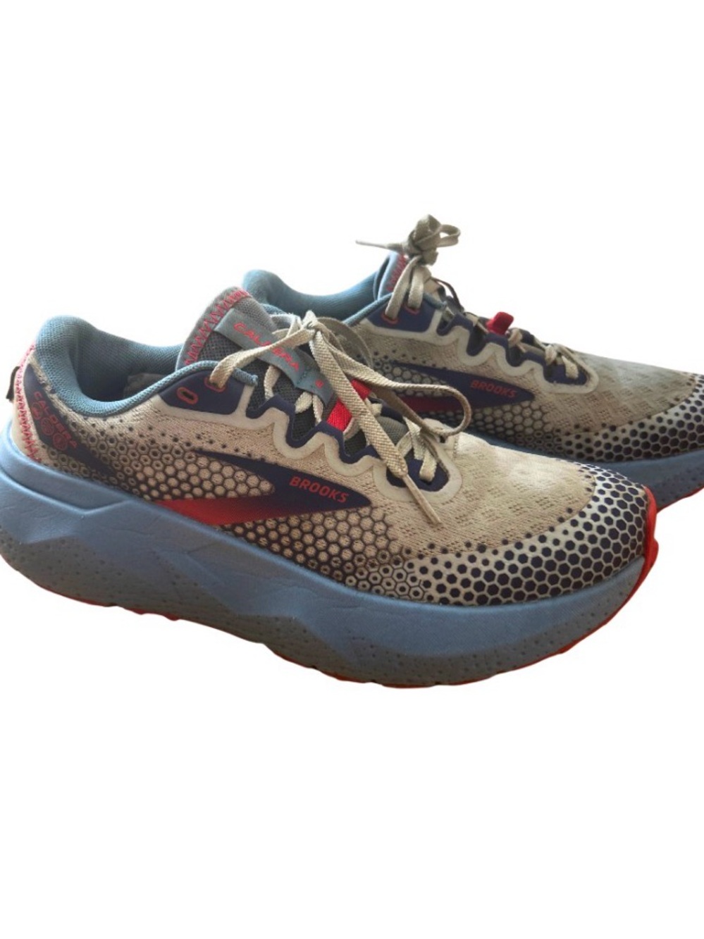 Brooks women’s Light Gray and Blue Trail Sneakers with Red Accents